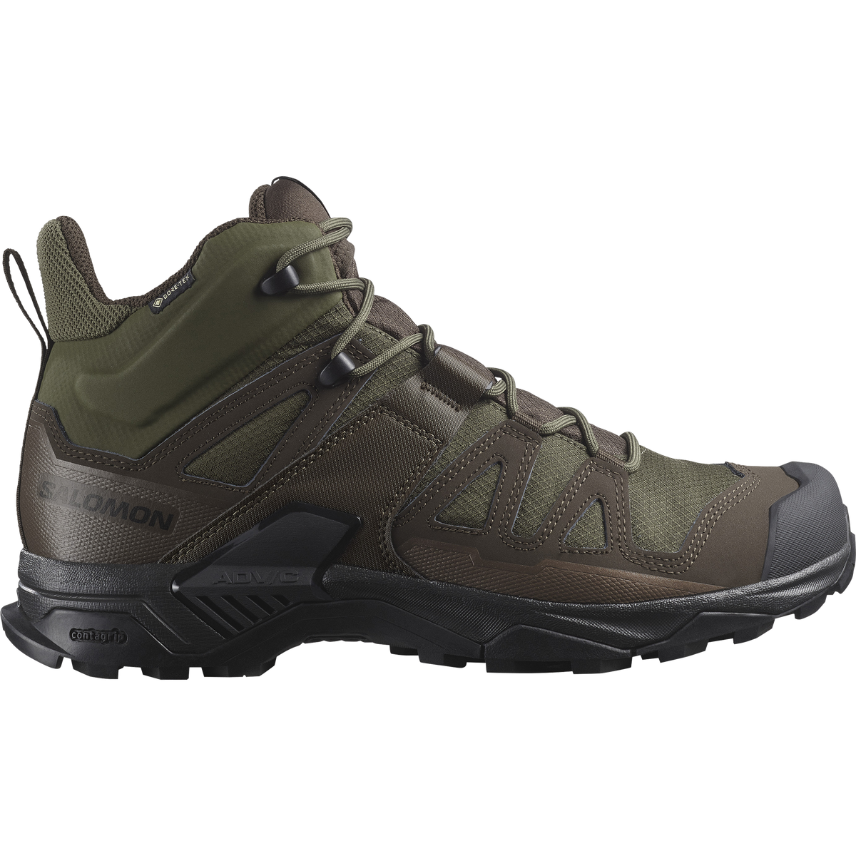 Salomon X Ultra Tracker Gore-Tex mid hiking boot in RANGER GREEN/EARTH BROWN/BLACK - side view