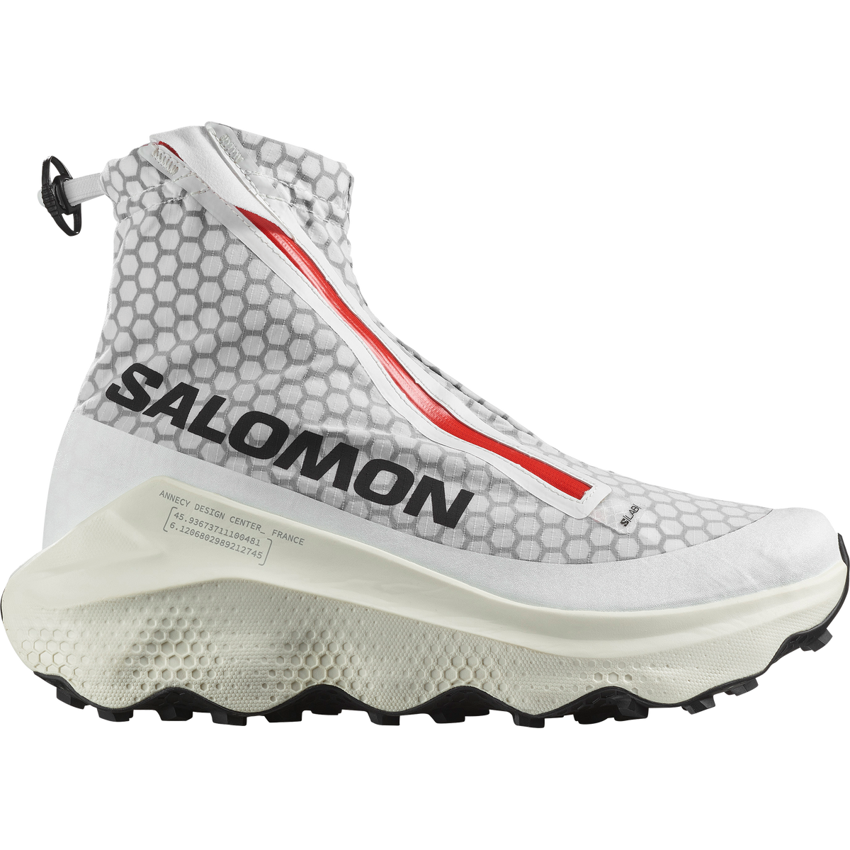 Salomon S/LAB Ultra Dust trail running shoe in WHITE/FIERY RED/VANILLA ICE