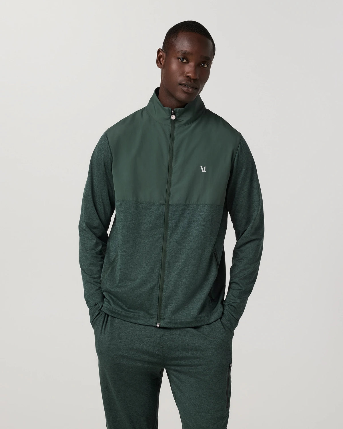 Vuori Sunday Element Track Jacket Men’s in Hemlock Heather – on model