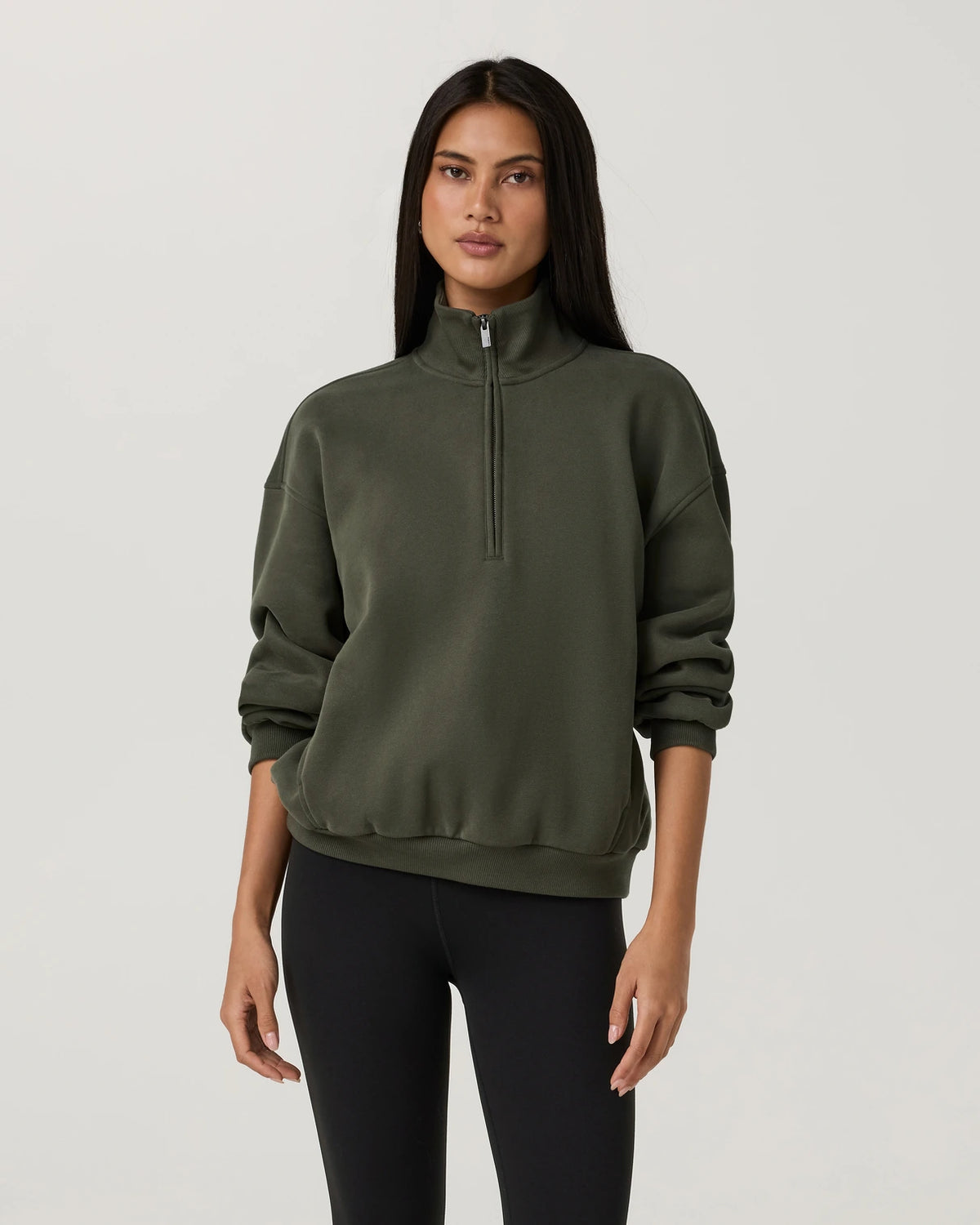 Vuori Restore Oversized Half Zip Women’s in Army – on model