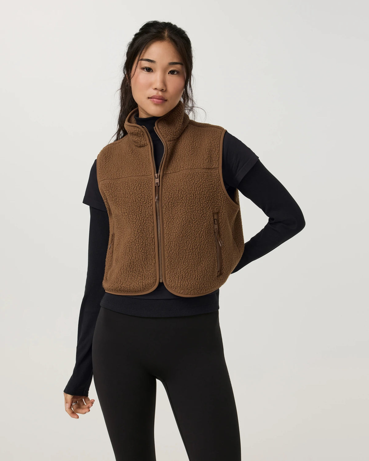 Vuori Alpine Vest Women’s in Bourbon – on model