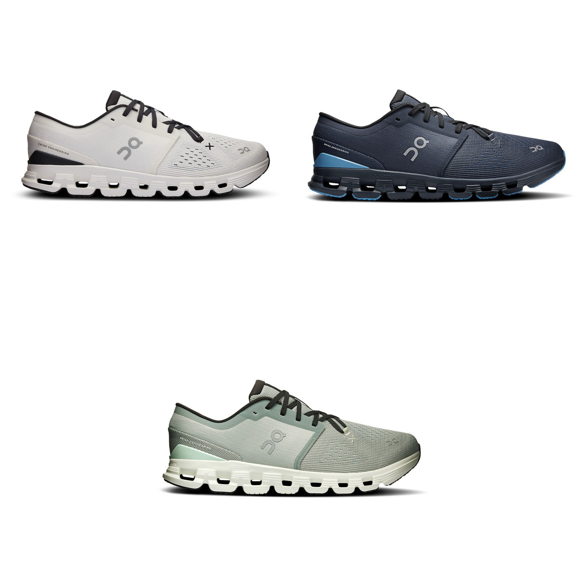 On Cloud X 4 Men's training shoes — all three colorways: Ivory/Black, Navy/Gourami, Tin/Iceberg