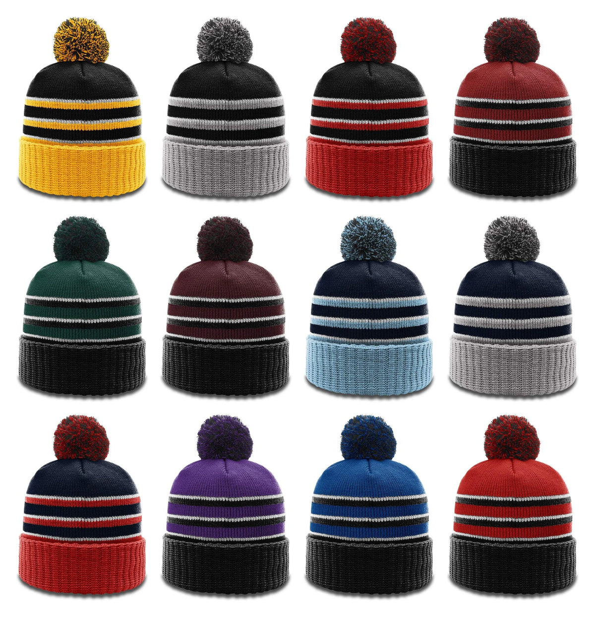 Richardson 134 Striped Beanie w/Cuff and Pom - all 12 colors