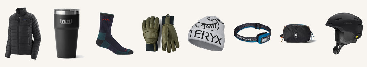 Gift ideas: Patagonia Down Sweater, YETI mug, Darn Tough socks, Hestra gloves, Arc'teryx beanie, Black Diamond headlamp, Cotopaxi bag and Smith helmet