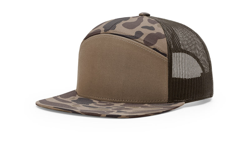 Richardson 168P Camo 7-Panel Snapback Trucker Hat - Seven-Panel Trucker Cap with Flat Bill