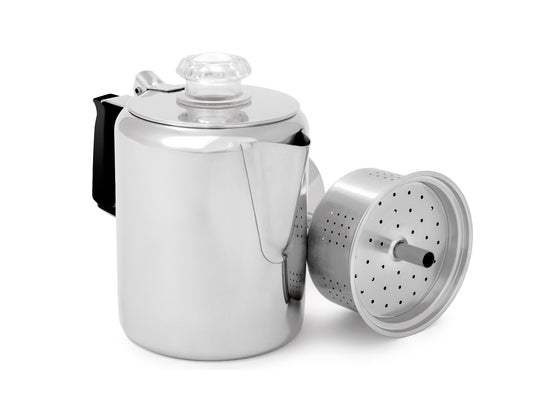 GSI Outdoors Glacier Stainless 12-Cup Coffee Percolator with Silicone Handle – Durable, Efficient, and Easy-to-Use Outdoor Coffee Maker