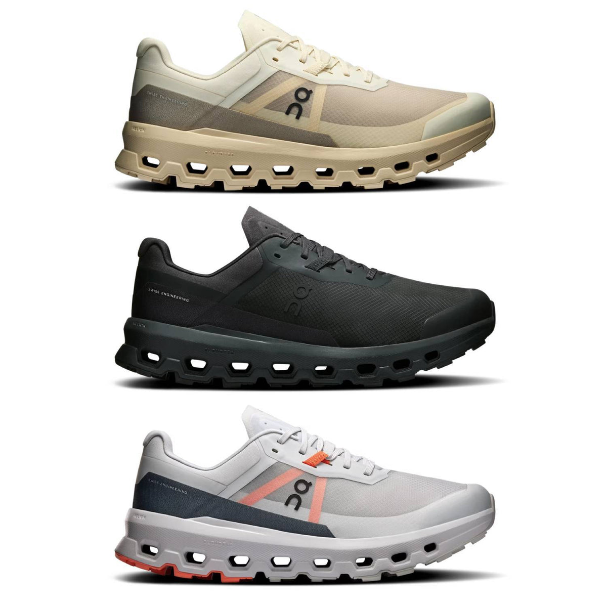 On Cloudvista 2 Men's trail running shoes — all three colorways: Black/Black, Cream/Desert, Glacier/Rock