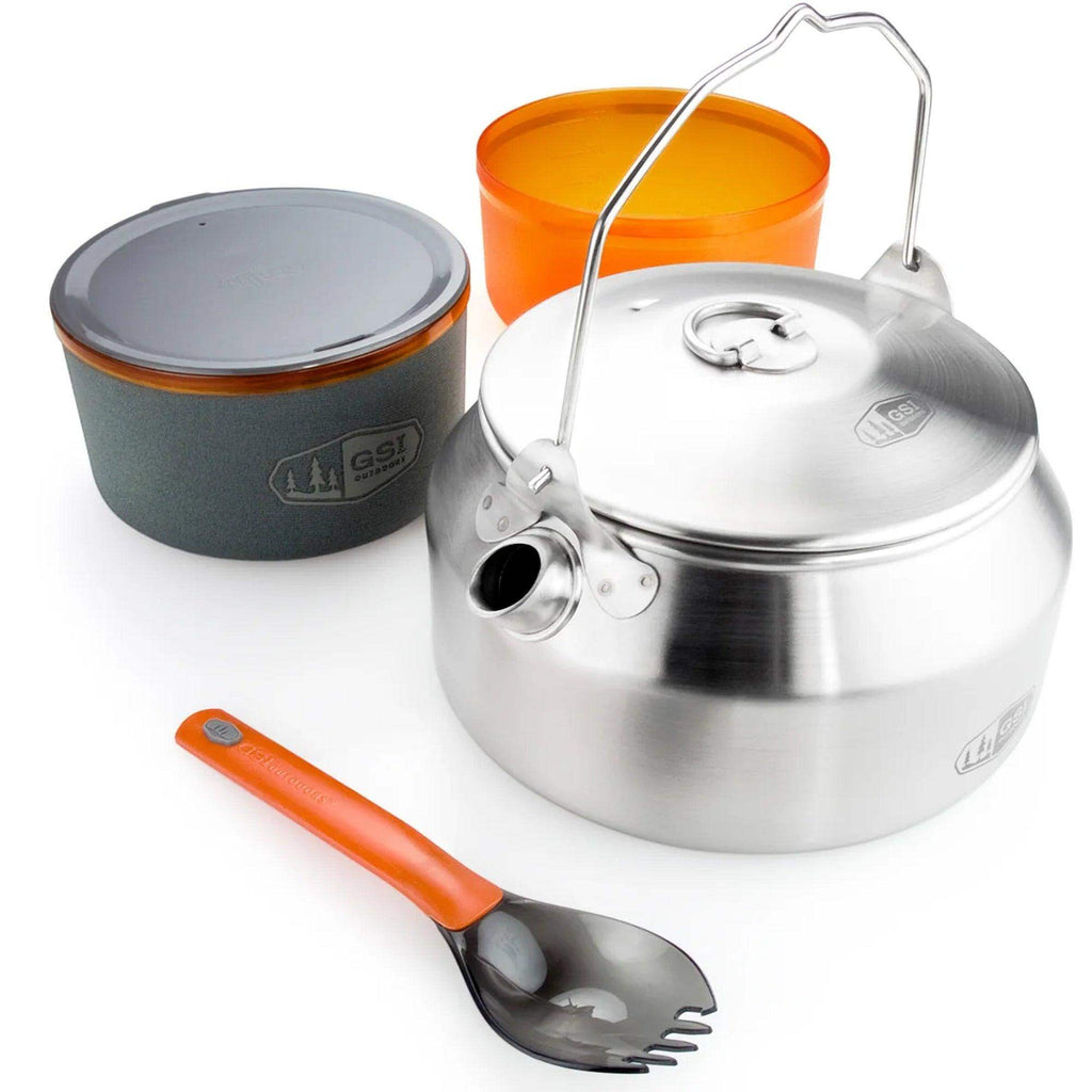 gsi outdoors glacier stainless kettle GSI Outdoors Glacier Stainless Steel Ketalist Campfire Cooking and Eating Set