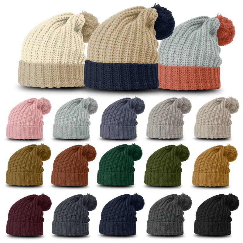 Richardson 143 Chunk Cable Beanie w/Cuff & Pom | Cozy Cable Knit Beanie - Min. 12 Beanies Per Order, Mix & Match