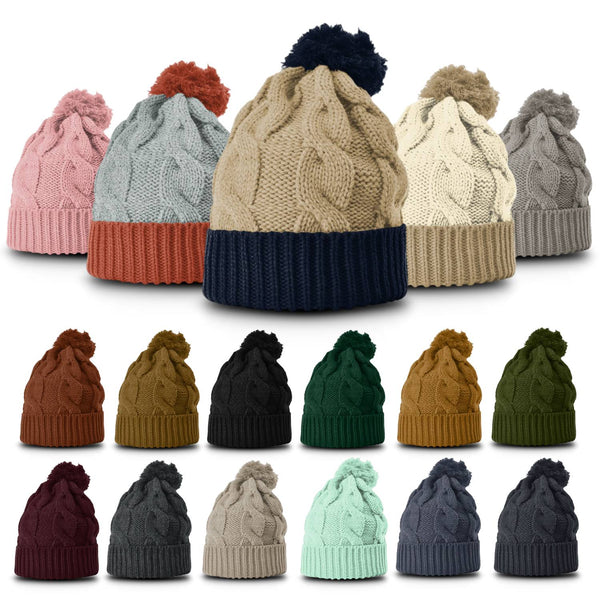 Richardson 141 Chunk Twist Knit Beanie w/Cuff & Pom - Min. 12 Beanies Per Order, Mix & Match