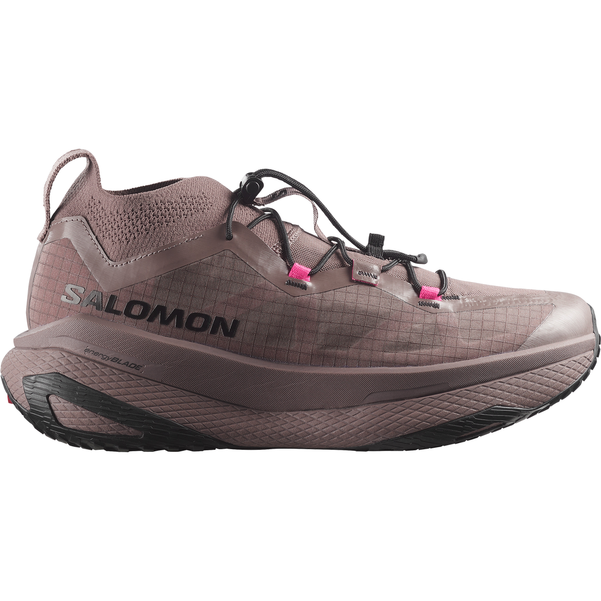 Salomon GRVL Concept gravel running shoe in IRON/BLACK/KNOCKOUT PINK - side view