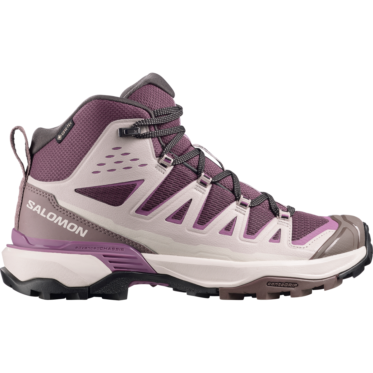 Salomon X Ultra 360 Edge Mid Gore-Tex women's hiking boot in HUCKLEBERRY/SILVER CLOUD/CONCORD GRAPE - side view