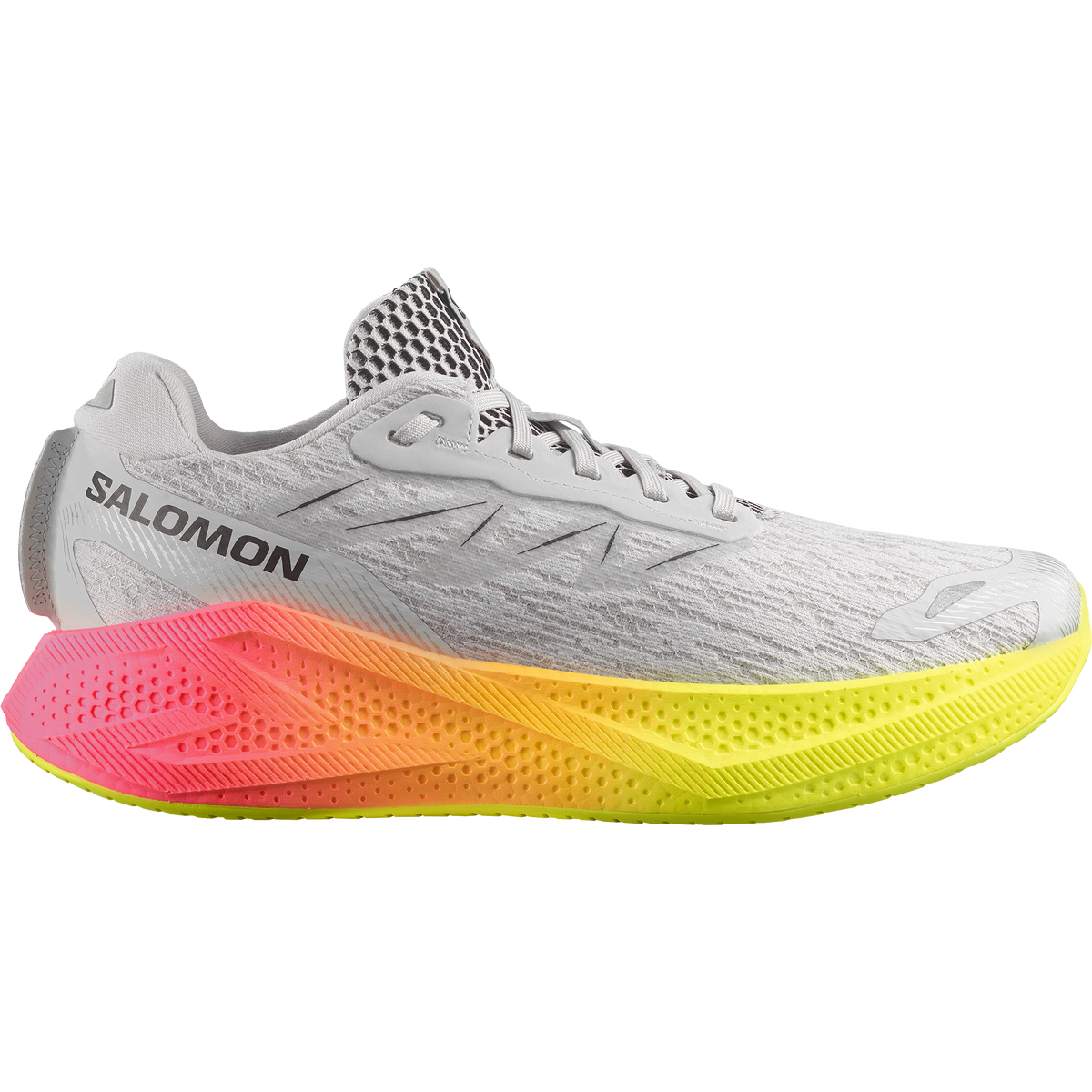 Salomon Aero Glide 4 men's road running shoe in Gray Violet/Safety Yellow/Black