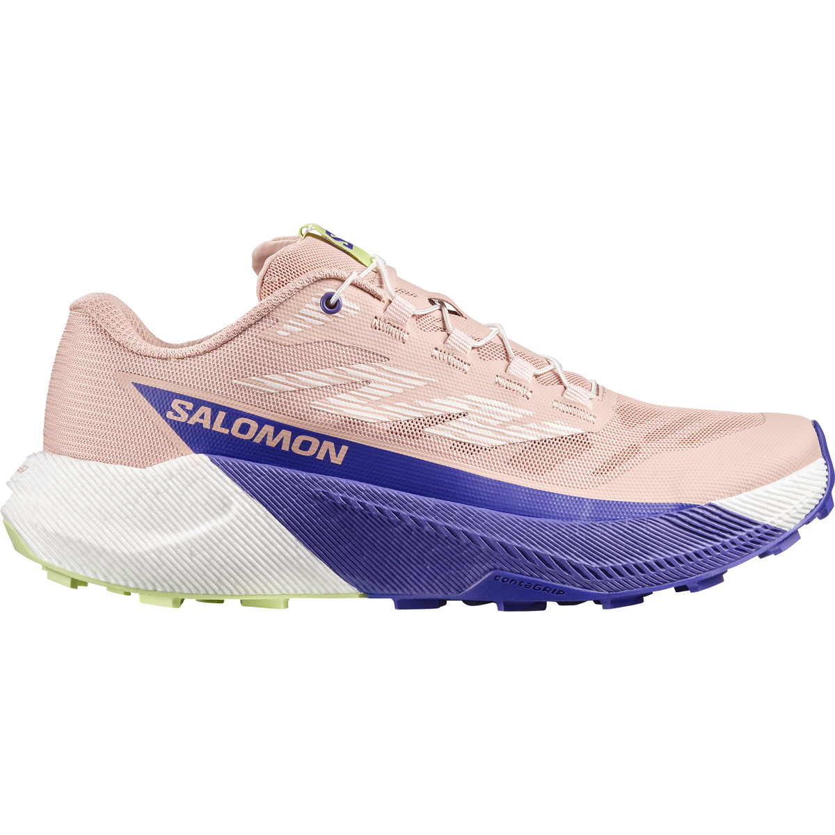 Salomon Pulsar women's trail running shoe in SHADOW GRAY/DEEP BLUE/BUTTERFLY - side view