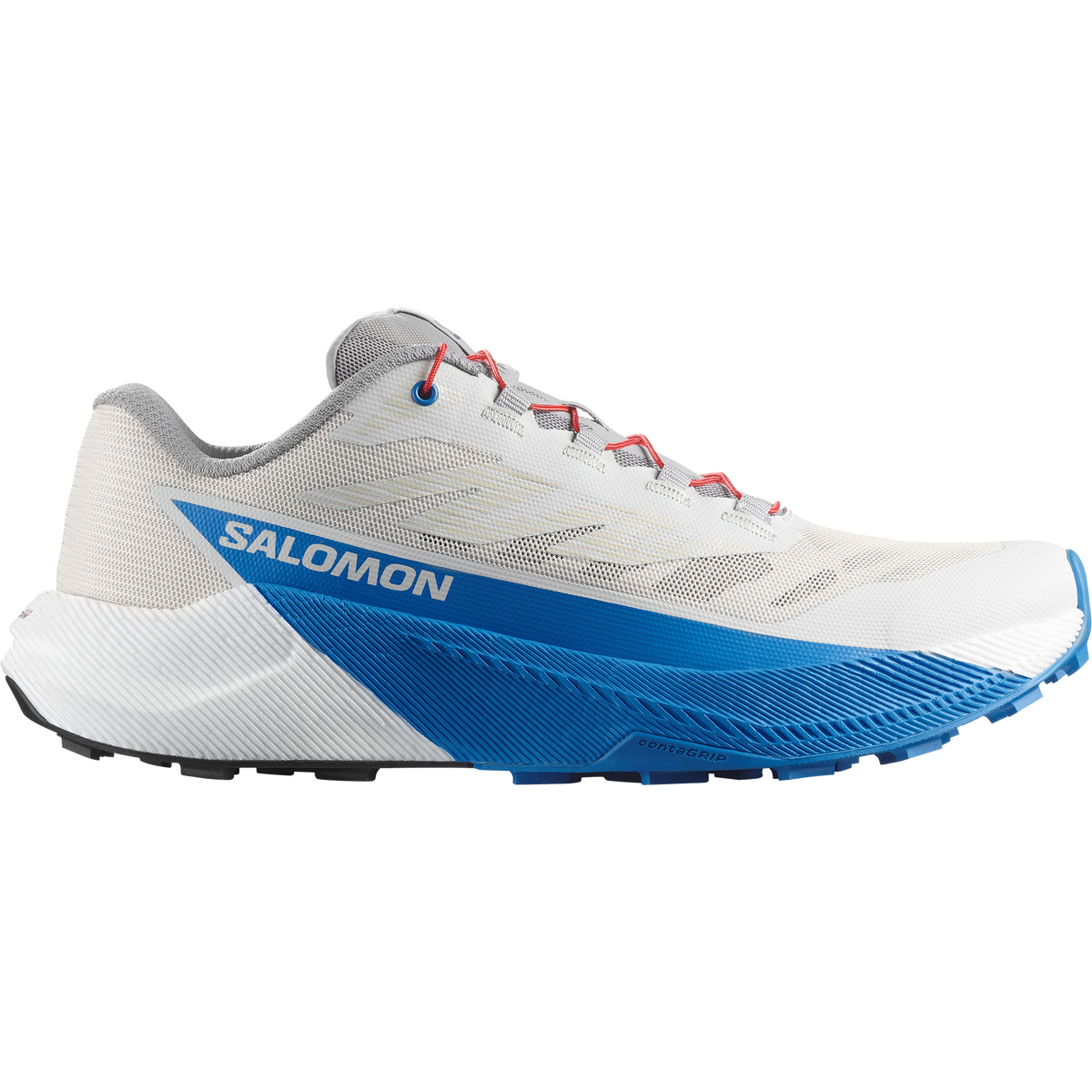 Salomon Pulsar men's trail running shoe in LUNAR ROCK/WHITE/FRENCH BLUE - side view