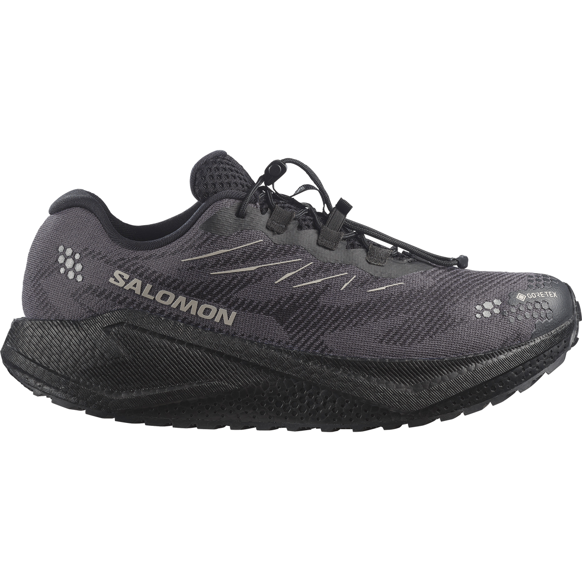 Salomon Aero Blaze 4 GRVL Gore-Tex men's gravel running shoe in BLACK/BLACK/PALOMA - side view