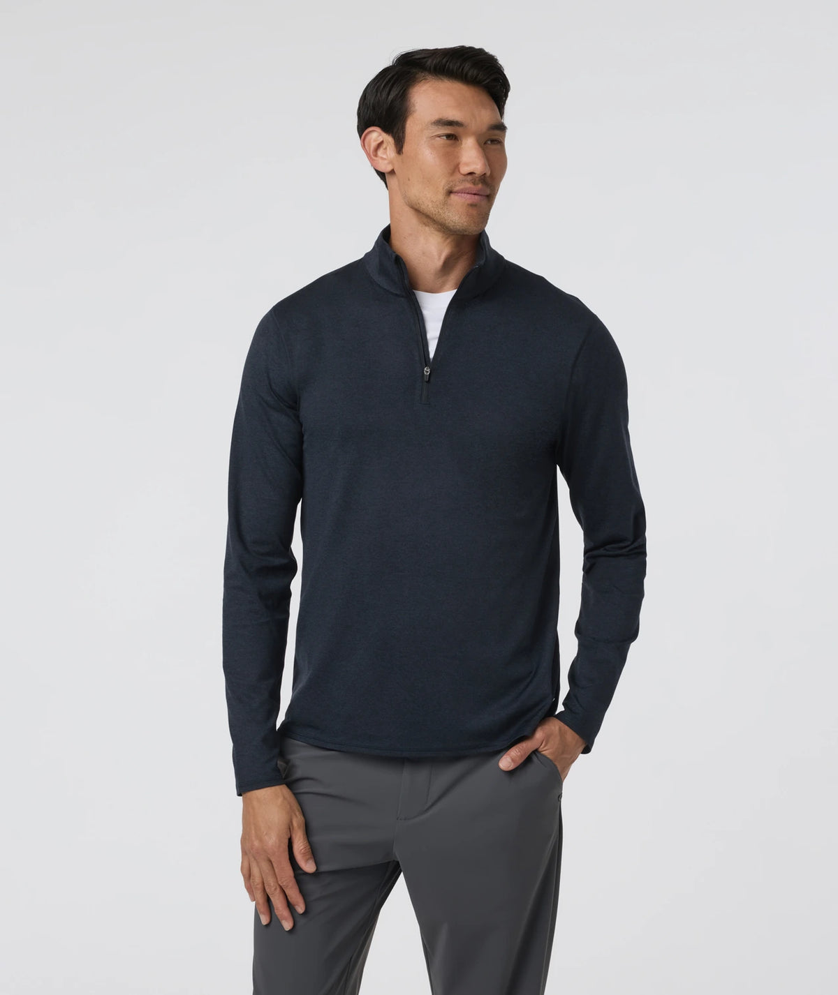 Vuori Ponto 1/2 Zip Mock Neck Men’s in Ink Heather – on model