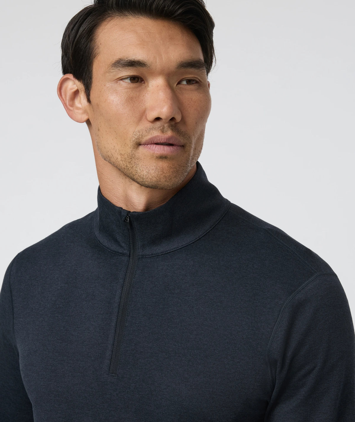 Vuori Ponto 1/2 Zip Mock Neck Men’s in Ink Heather – on model