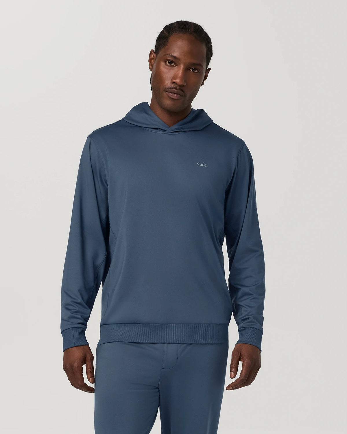 Vuori Sunday Pullover Hoodie Men’s in Bay Blue – on model