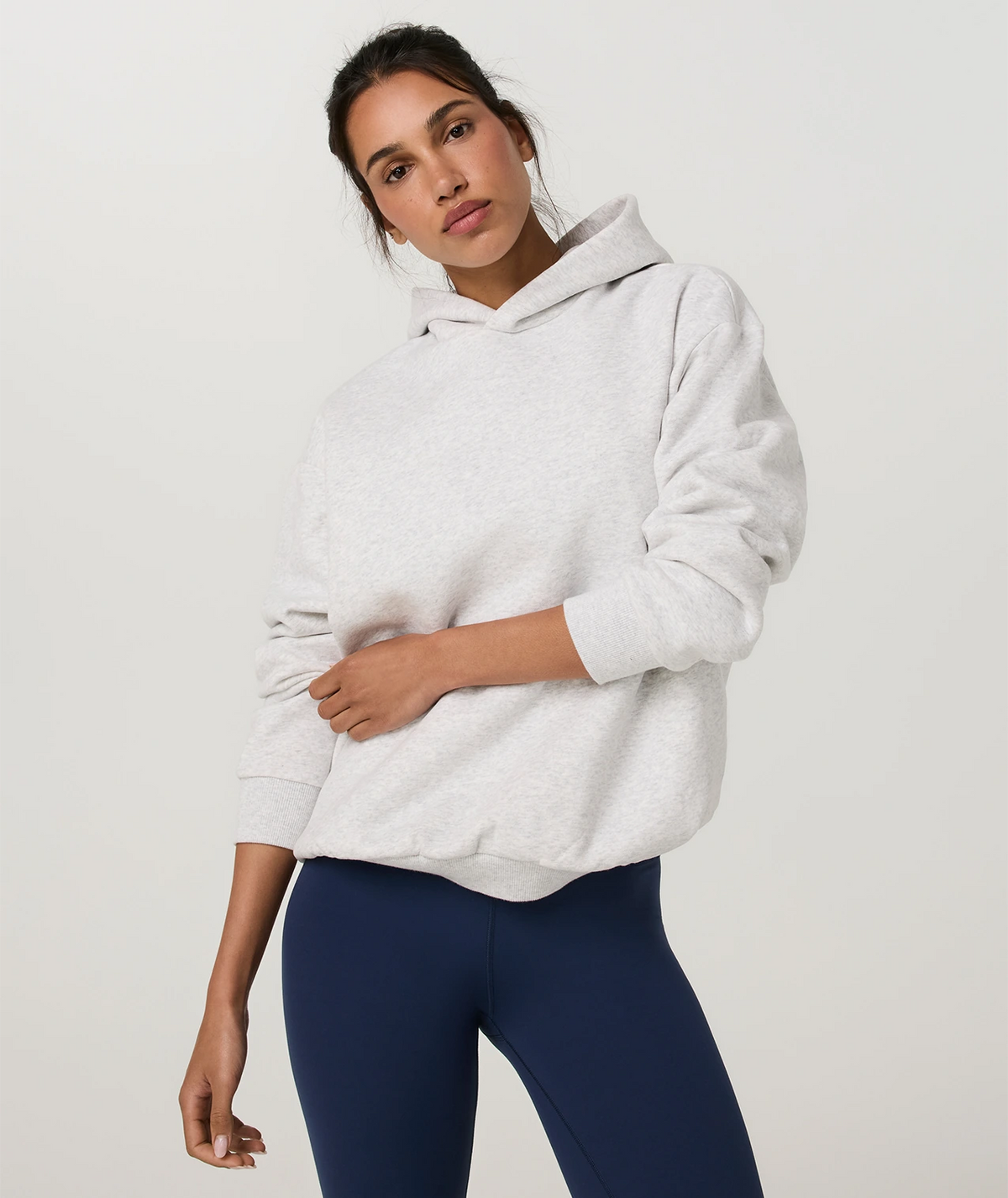 Vuori Restore OS Hoodie Women’s in Pale Grey Heather Tonal – on model
