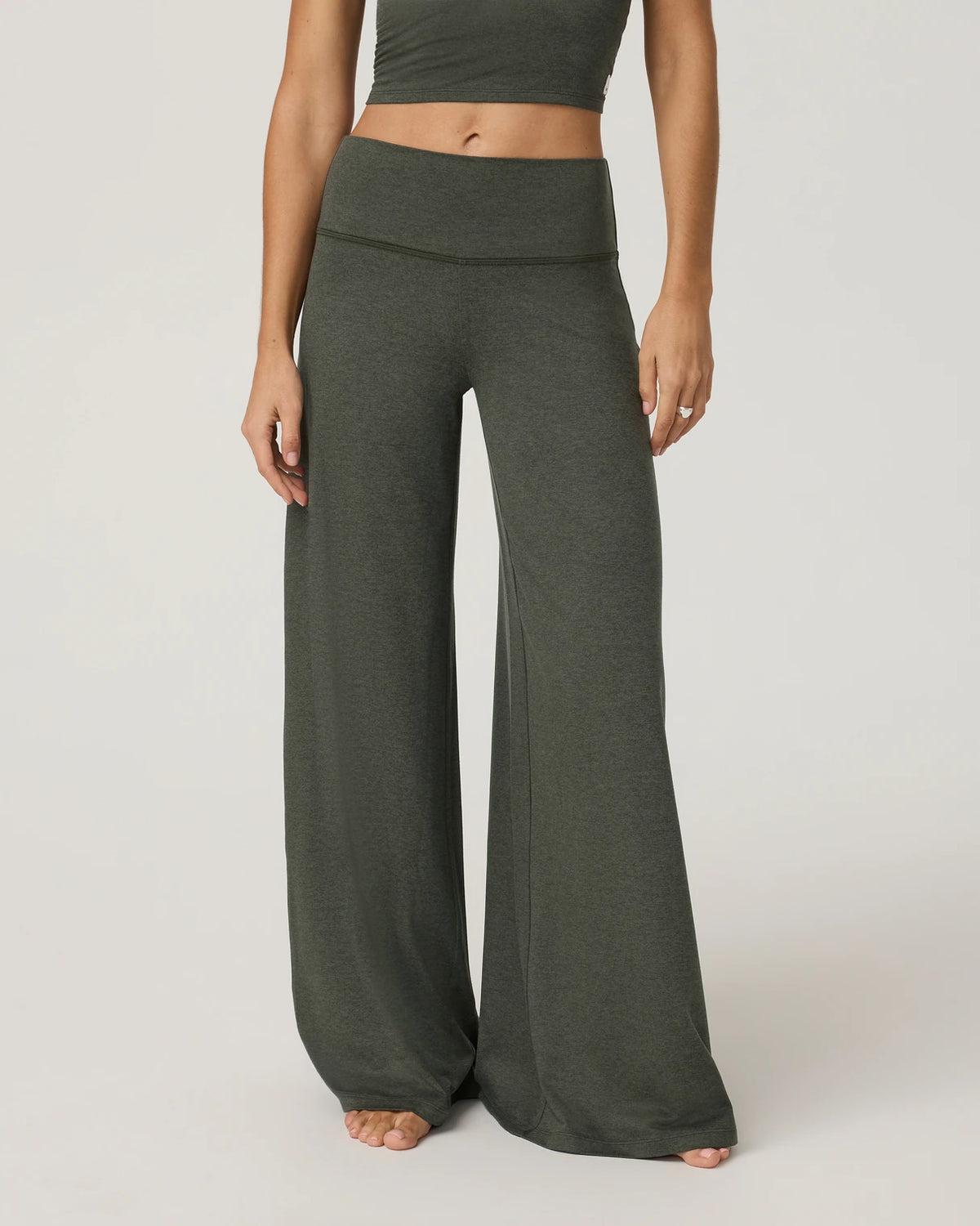 Vuori Halo Easy Wideleg Pant Women’s in Army Heather – on model