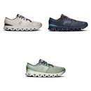On Cloud X 4 Men's training shoes — all three colorways: Ivory/Black, Navy/Gourami, Tin/Iceberg