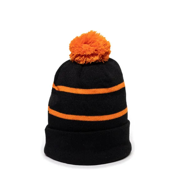 Outdoor Cap KNF-100 Pom Watch Cap Beanie – Acrylic Knit with Fleece Lining & Jacquard Stripes