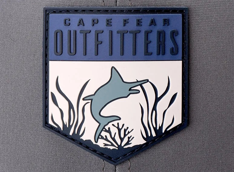 Rubber patch reading Cape Fear Outfitters on a grey cap