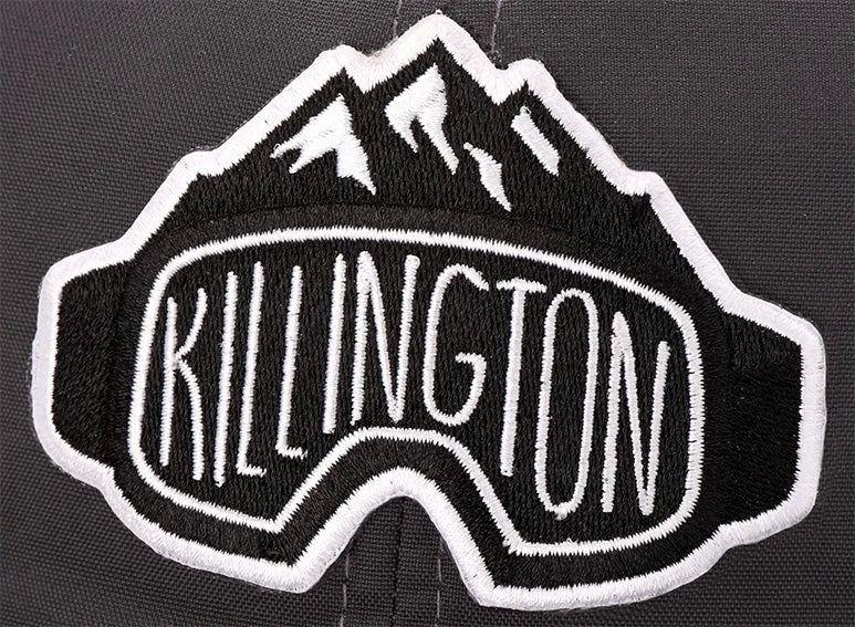Embroidered patch shaped like goggles reading Killington