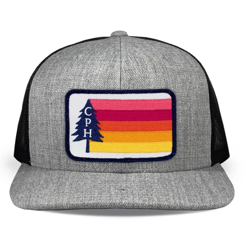 Grey and black trucker hats with a two-color embroidered logo