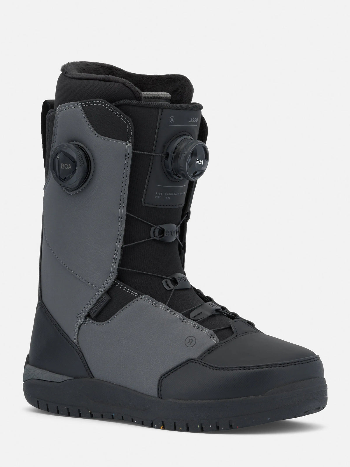 Ride Lasso Snowboard Boots – Men’s 2026 | Stiff Flex, H4 BOA Coiler, Tongue Tied System, Eco+Slime Midsole – Grey
