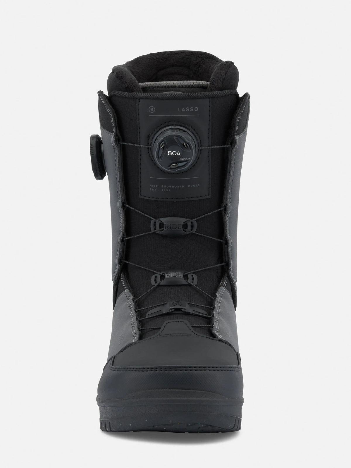 Ride Lasso Snowboard Boots – Men’s 2026 | Stiff Flex, H4 BOA Coiler, Tongue Tied System, Eco+Slime Midsole – Grey