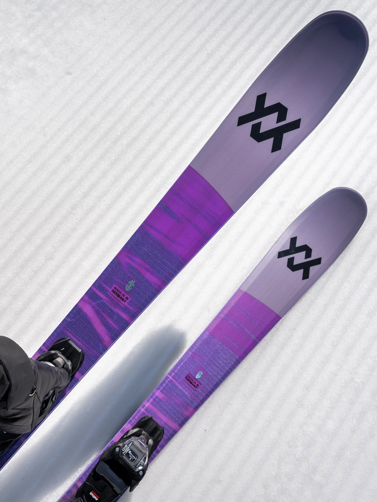 Volkl Blaze 82 Skis in Purple with vMotion binding on groomed snow